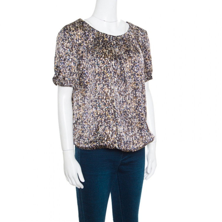 Pre Owned Dolce and Gabbana Multicolor Sequin Printed Silk Pleat Front Blouse M