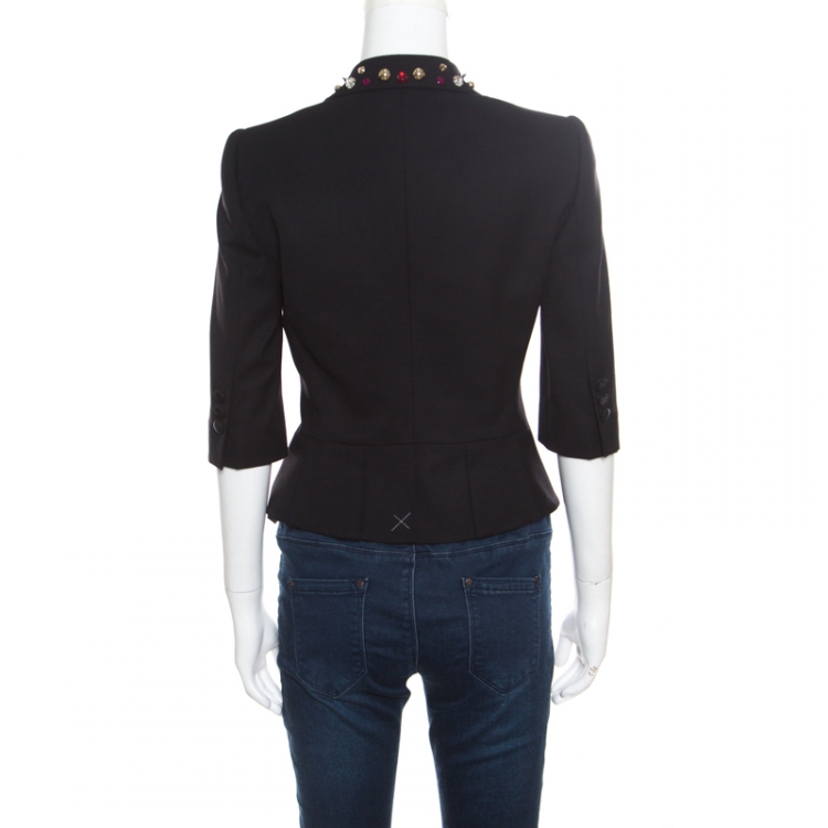 Pre Owned Dolce and Gabbana Black Wool Rhinestone and Crystal Lapel Cropped Blazer M