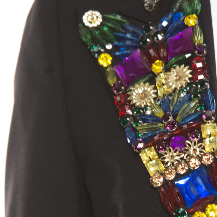 Pre Owned Dolce and Gabbana Black Wool Rhinestone and Crystal Lapel Cropped Blazer M