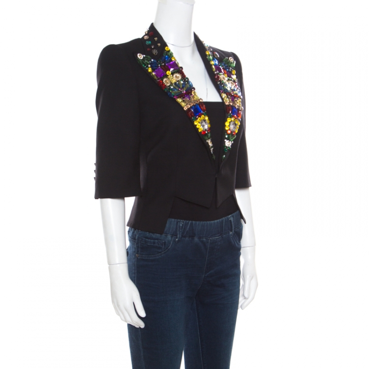 Pre Owned Dolce and Gabbana Black Wool Rhinestone and Crystal Lapel Cropped Blazer M