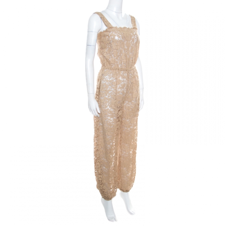 Pre Owned Dolce and Gabbana Beige Floral Lace Elasticized Waist Sleeveless Jumpsuit S