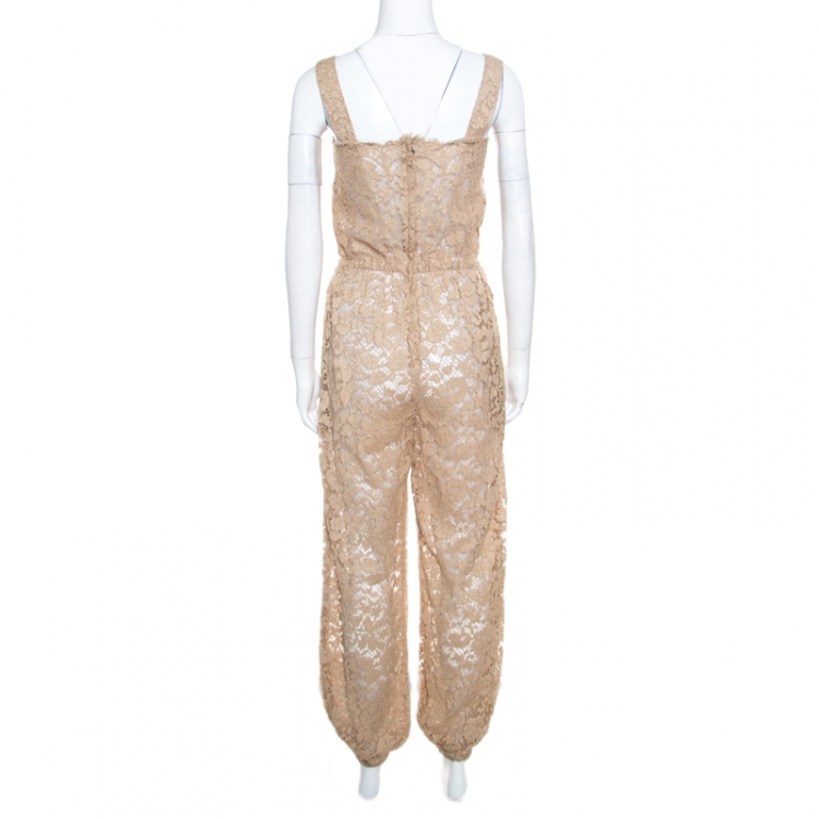Pre Owned Dolce and Gabbana Beige Floral Lace Elasticized Waist Sleeveless Jumpsuit S