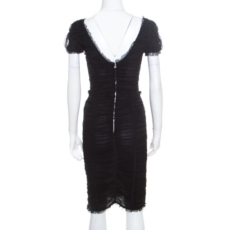 Pre Owned Dolce and Gabbana Black Stretch Cotton Tulle Ruched Plunge Neck Fitted Dress M