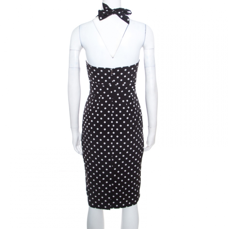 Pre Owned Dolce and Gabbana Black Polka Dotted Silk Halter Dress S