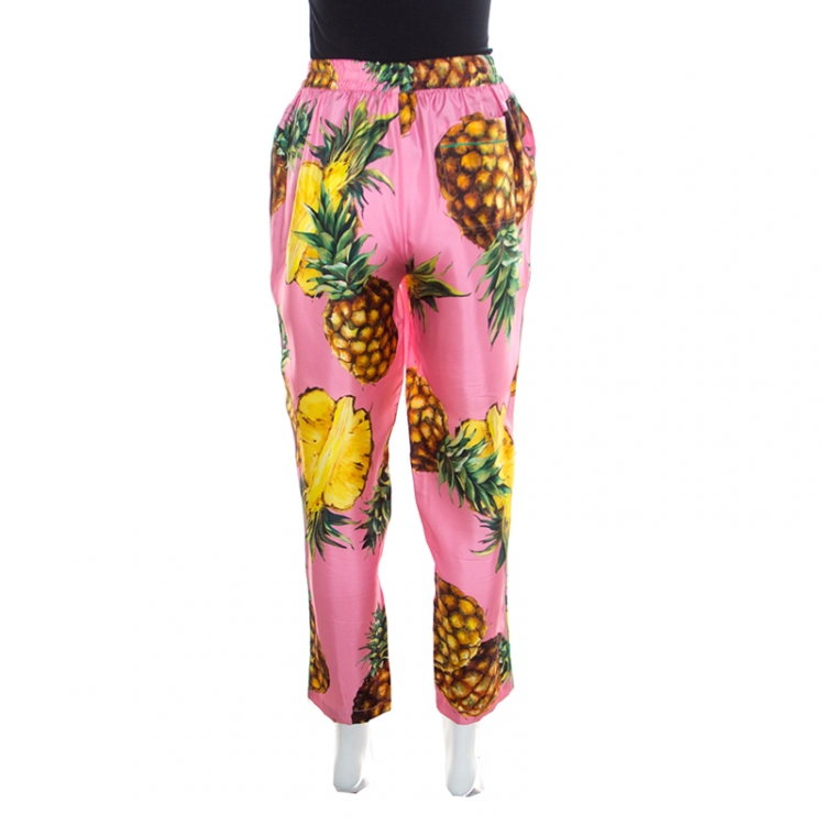 Pre Owned Dolce and Gabbana Pink Pineapple Printed Silk Elasticized Waist Pyjama Pants M