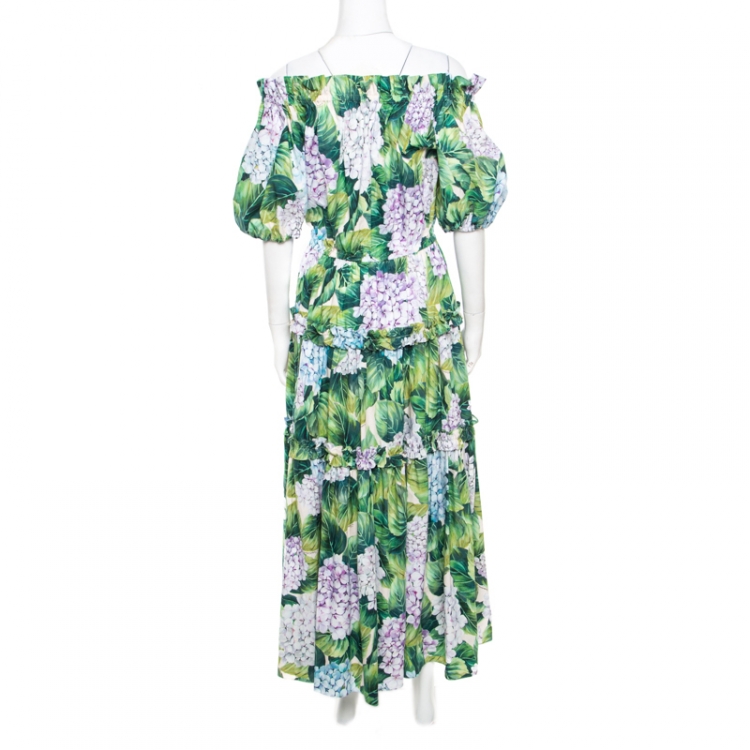 Pre Owned Dolce and Gabbana Hydrangea Printed Cotton Tiered Off Shoulder Maxi Dress M