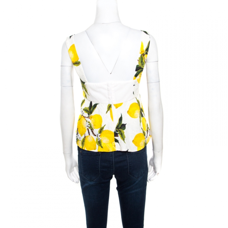 Pre Owned Dolce and Gabbana White Lemon Printed Jacquard Peplum Cropped Top S