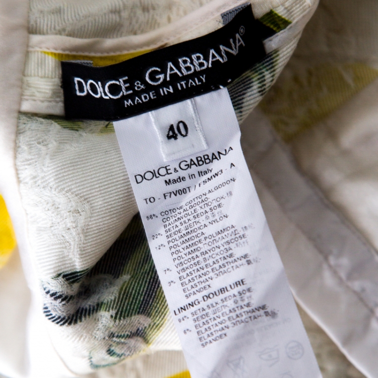 Pre Owned Dolce and Gabbana White Lemon Printed Jacquard Peplum Cropped Top S