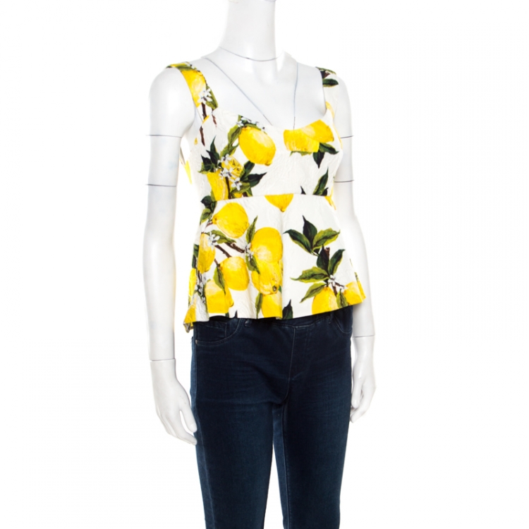 Pre Owned Dolce and Gabbana White Lemon Printed Jacquard Peplum Cropped Top S