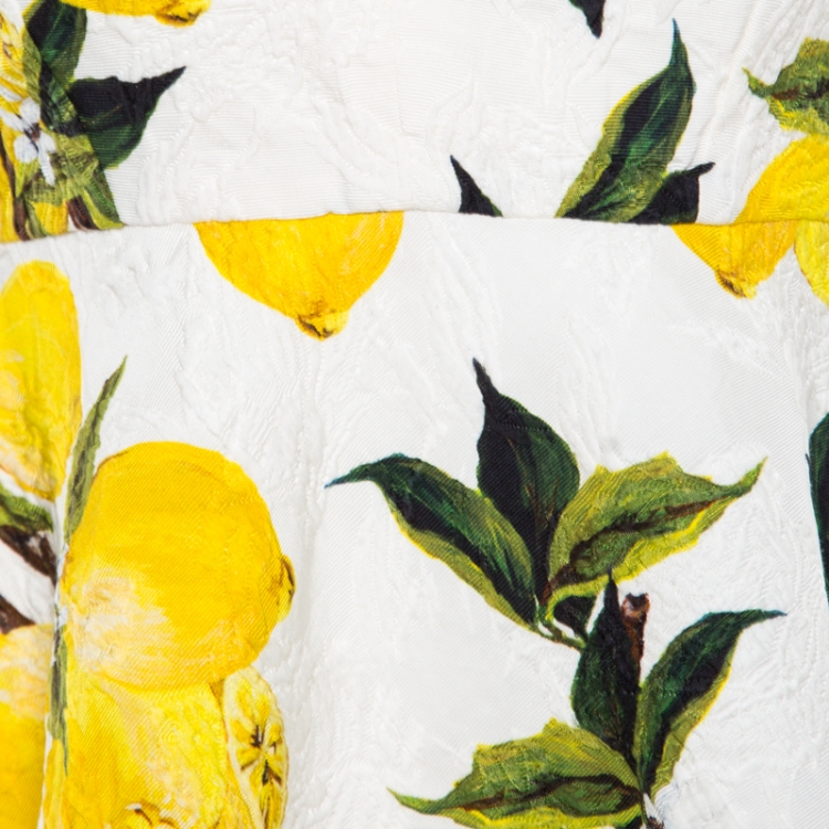 Pre Owned Dolce and Gabbana White Lemon Printed Jacquard Peplum Cropped Top S