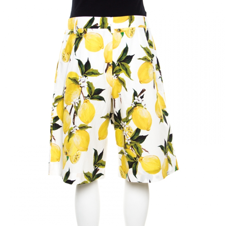 Pre Owned Dolce and Gabbana White Lemon and Floral Printed Cotton Bermuda Shorts S