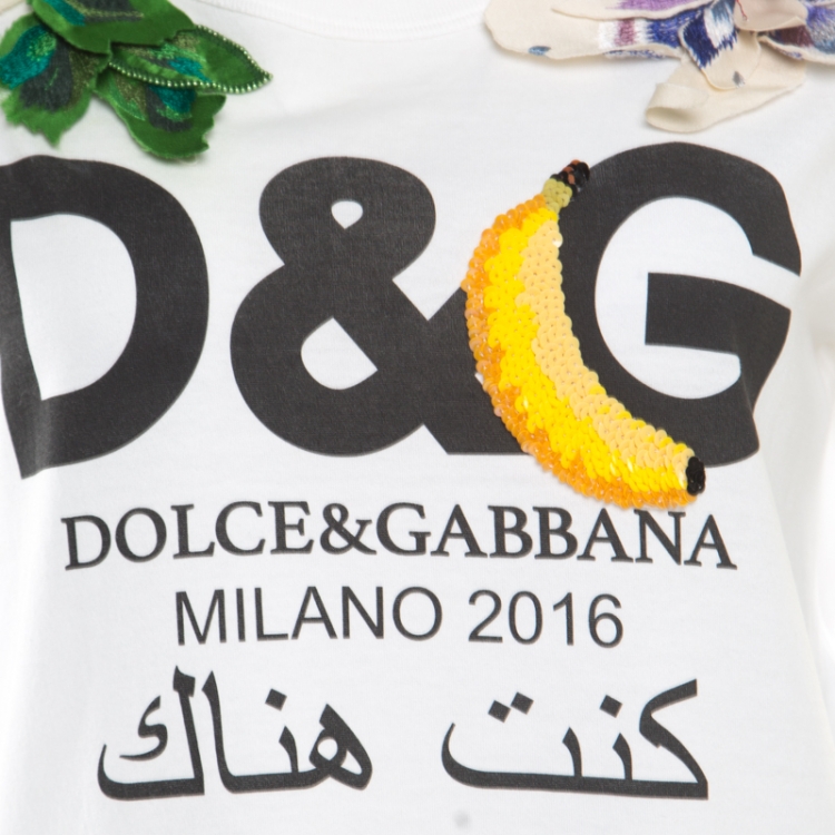 Pre Owned D&G White "I Was There" Arabic Print Floral Applique Bianca T- Shirt S