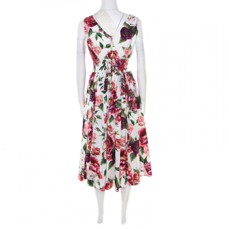 Pre Owned Dolce and Gabbana White Rose Printed Cotton Smocked Waist Detail Sleeveless Dress S