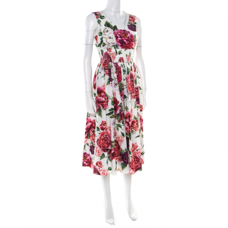 Pre Owned Dolce and Gabbana White Rose Printed Cotton Smocked Waist Detail Sleeveless Dress S