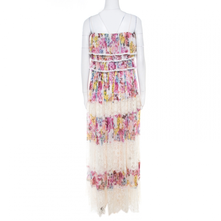 Pre Owned D&G Multicolor Floral Printed Silk and Lace Paneled Tiered Bodice Maxi Dress S 