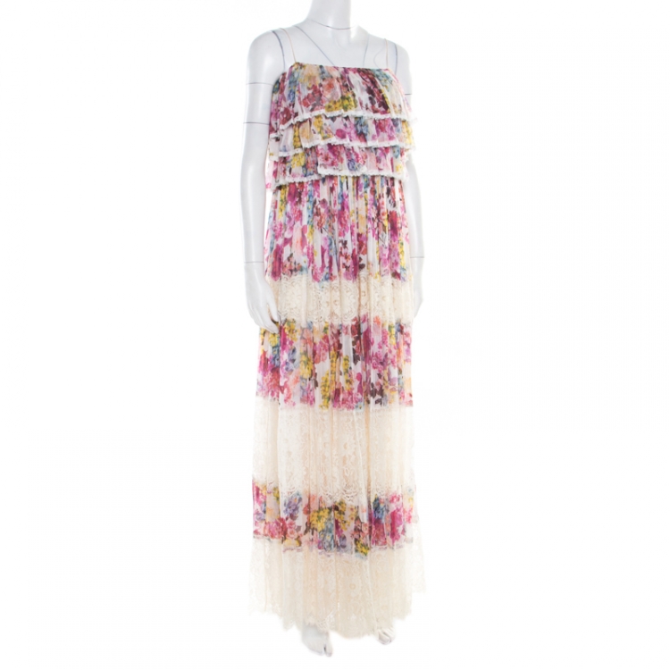 Pre Owned D&G Multicolor Floral Printed Silk and Lace Paneled Tiered Bodice Maxi Dress S 