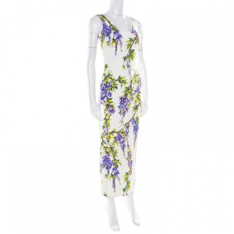 Pre Owned Dolce & Gabbana Off White Wisteria Printed Silk Charmeuse Sleeveless Sheath Dress XS