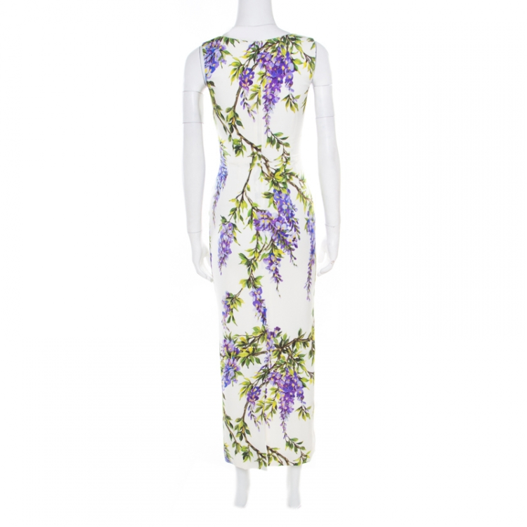 Pre Owned Dolce & Gabbana Off White Wisteria Printed Silk Charmeuse Sleeveless Sheath Dress XS