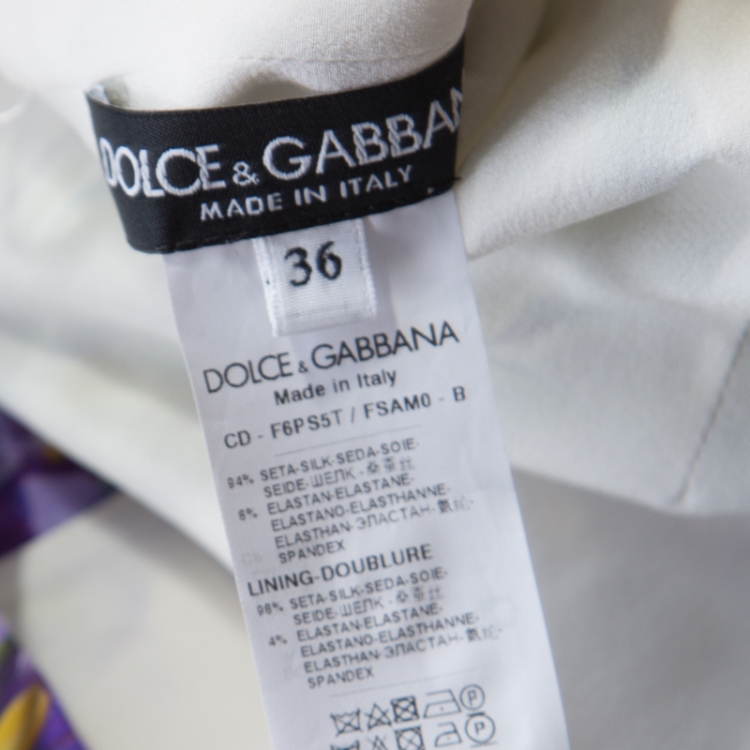 Pre Owned Dolce & Gabbana Off White Wisteria Printed Silk Charmeuse Sleeveless Sheath Dress XS