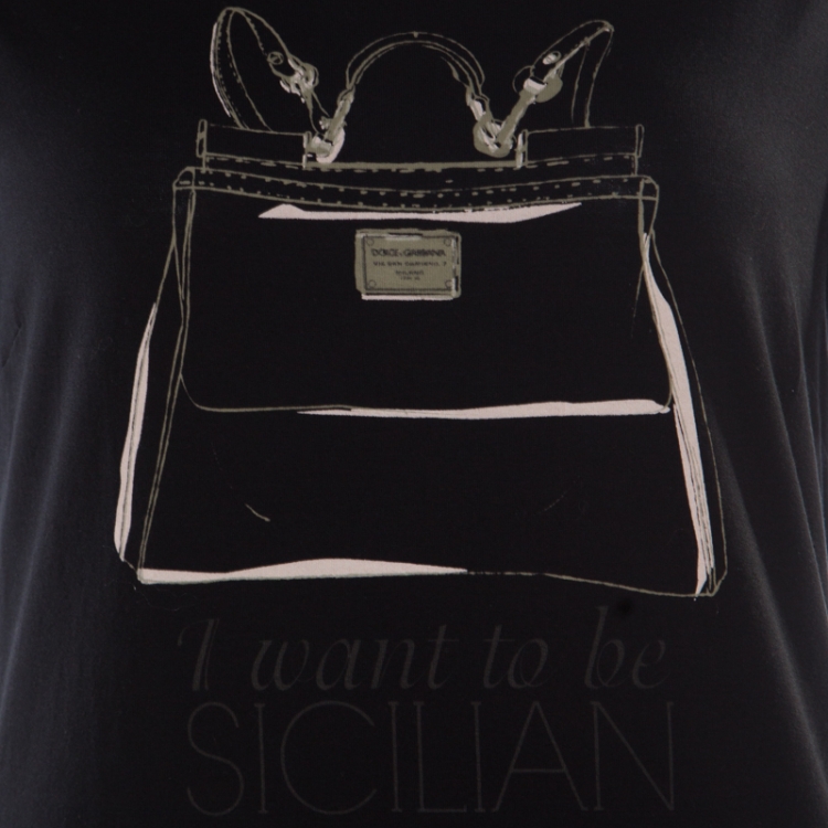 Pre Owned Dolce and Gabbana Black I want to be Sicilian Bag Printed T-Shirt M