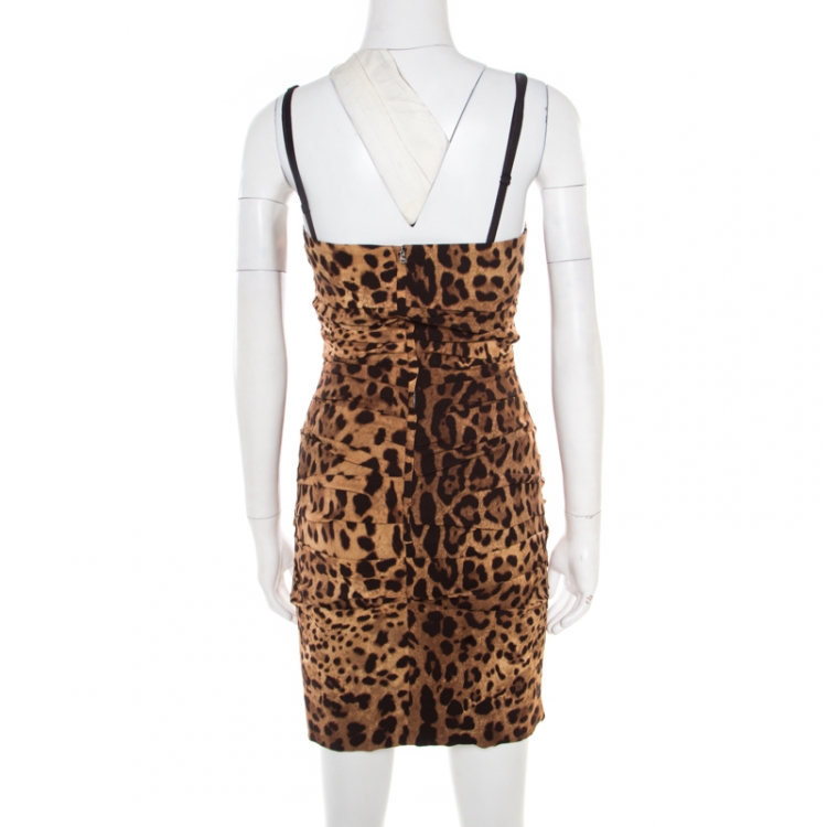 Pre Owned Dolce and Gabbana Brown Animal Printed Ruched Sleeveless Dress S