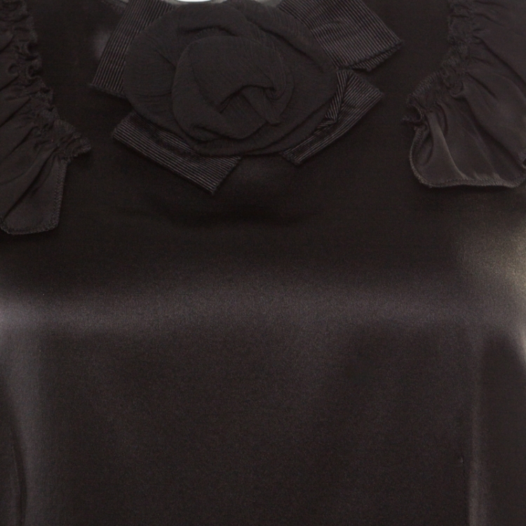 مملوكة مسبقًا Dolce and Gabbana Black Satin Floral Applique Detail Ruffled Sleeve Blouse S