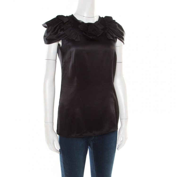 مملوكة مسبقًا Dolce and Gabbana Black Satin Floral Applique Detail Ruffled Sleeve Blouse S