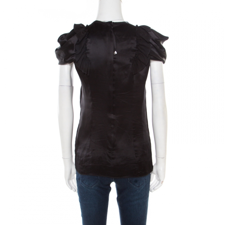 مملوكة مسبقًا Dolce and Gabbana Black Satin Floral Applique Detail Ruffled Sleeve Blouse S