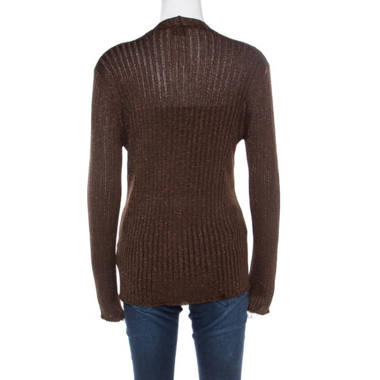 Pre Owned Dolce and Gabbana Chocolate Brown Lurex Insert Button Front Cardigan M