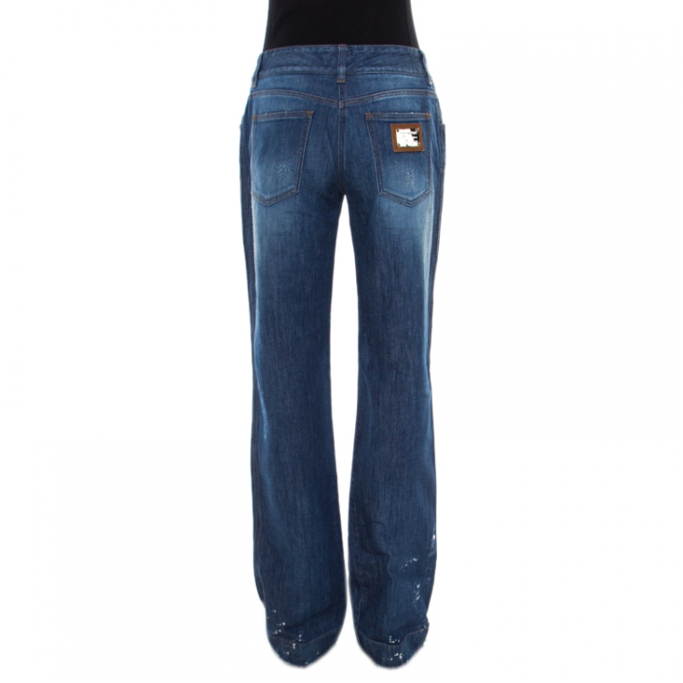 Pre Owned Dolce and Gabbana Indigo Washed Denim  Splatter Effect Boot Cut Jeans M