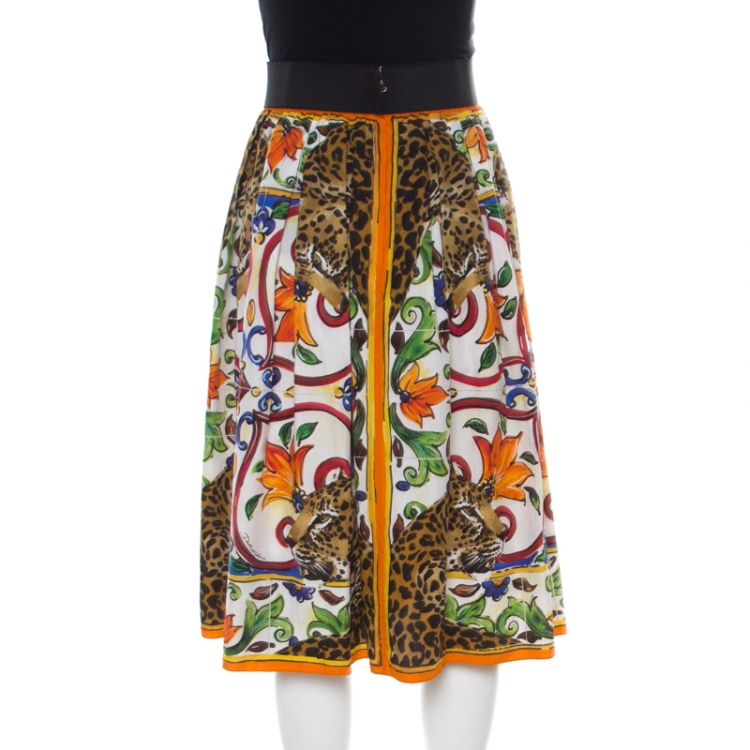 Pre Owned Dolce and Gabbana Multicolor Majolica Leo Tile Print Cotton A Line Skirt M