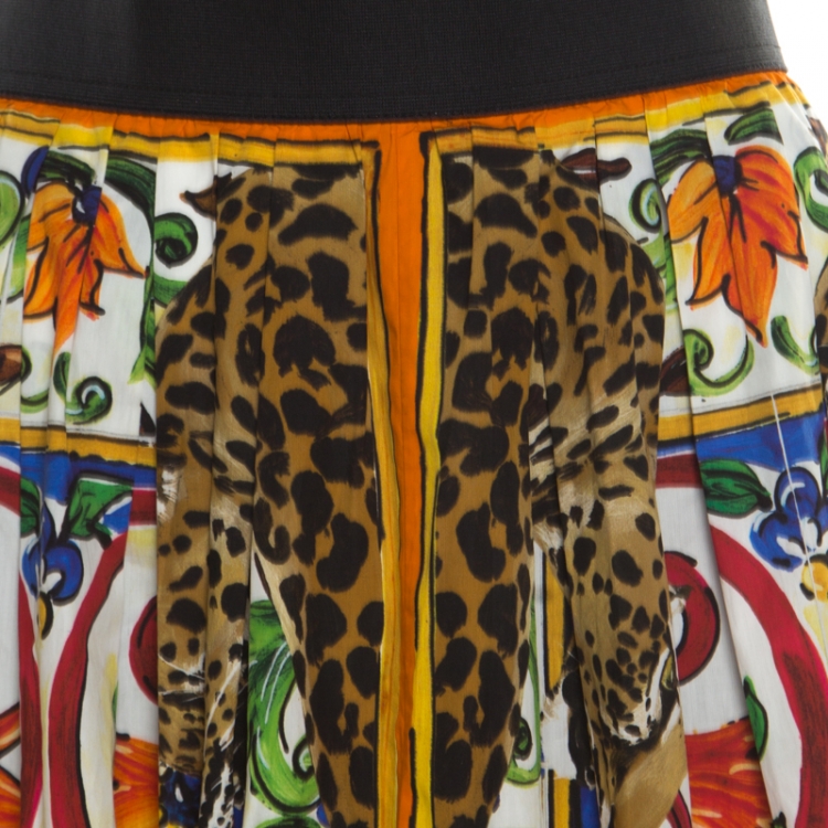 Pre Owned Dolce and Gabbana Multicolor Majolica Leo Tile Print Cotton A Line Skirt M