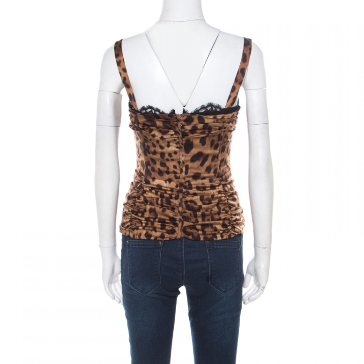 Pre Owned Dolce and Gabbana Brown and Black Animal Printed Ruched Bustier Top S