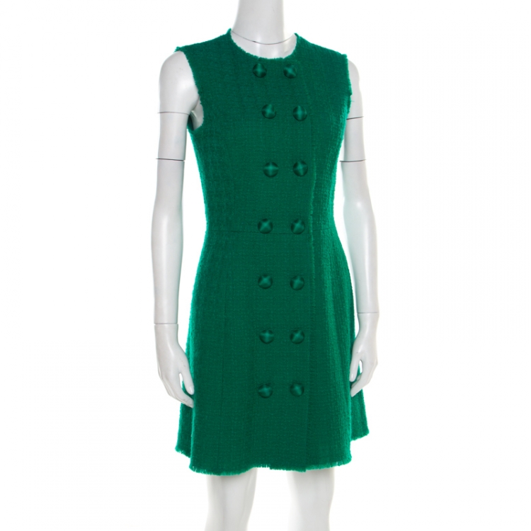 Pre Owned Dolce and Gabbana Green Textured Wool Double Breasted Sleeveless Dress S
