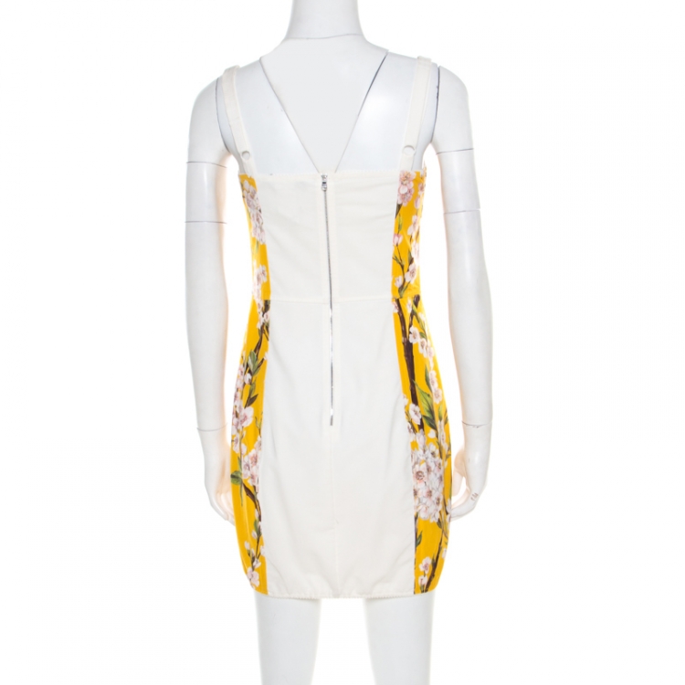 Pre Owned Dolce and Gabbana Yellow Almond Blossom Print Cotton Bustier Sheath Dress S