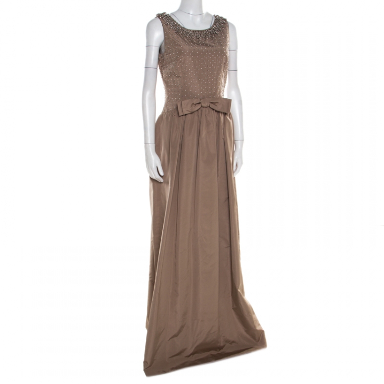 Pre Owned Dolce & Gabbana Brown Embellished Silk  Sleeveless Gown M