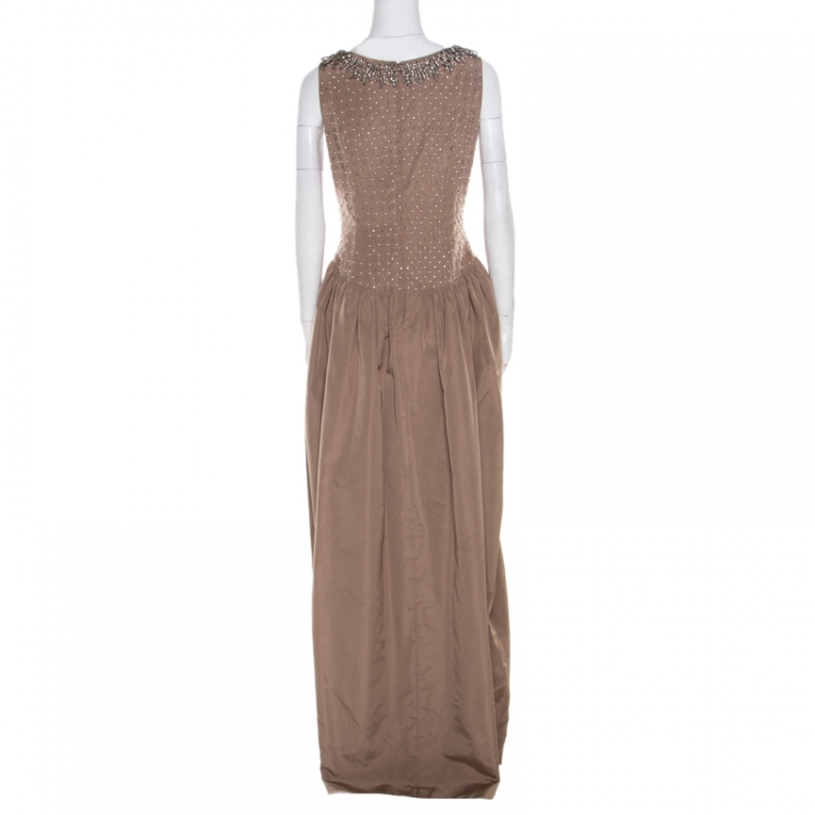 Pre Owned Dolce & Gabbana Brown Embellished Silk  Sleeveless Gown M