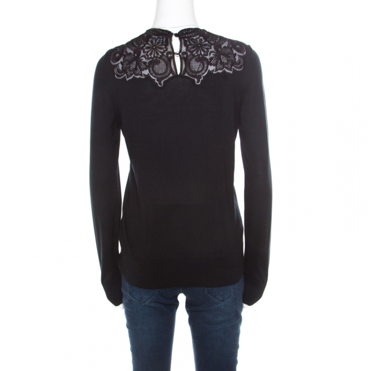 Pre Owned Dolce and Gabbana Black Floral Embroidered Lace Overlay Sweater M