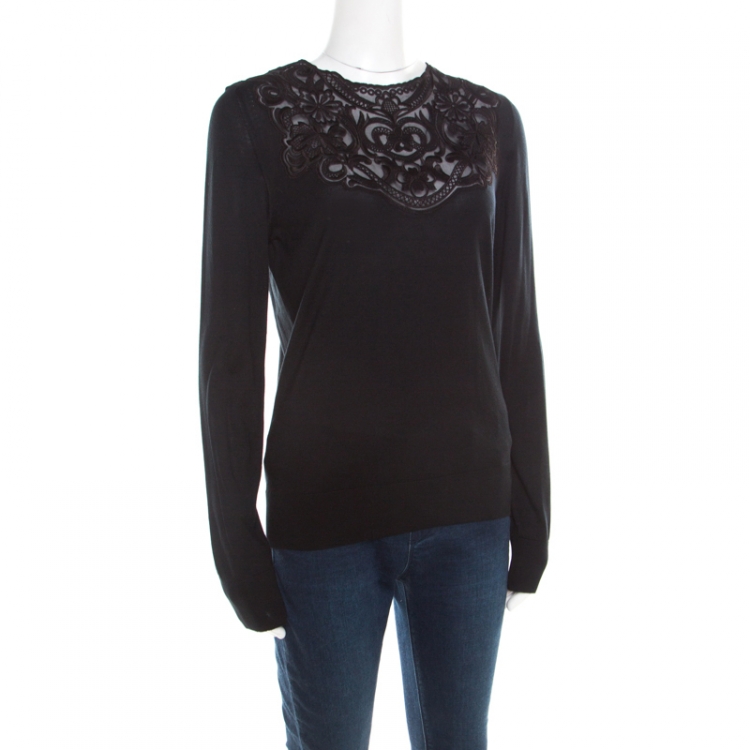 Pre Owned Dolce and Gabbana Black Floral Embroidered Lace Overlay Sweater M