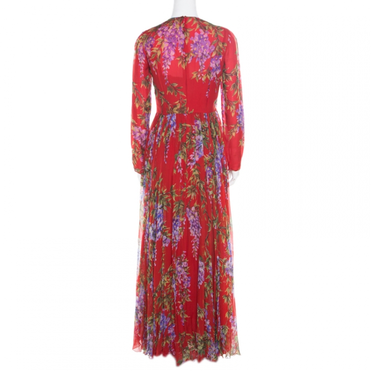 مملوكة مسبقًا Dolce and Gabbana Red Floral Printed Silk Long Sleeve Maxi Dress M