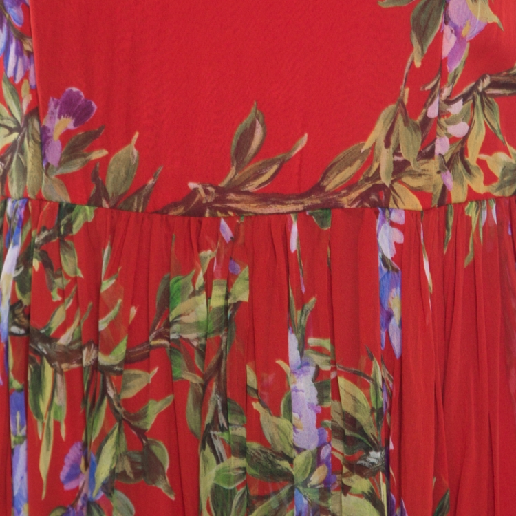 مملوكة مسبقًا Dolce and Gabbana Red Floral Printed Silk Long Sleeve Maxi Dress M
