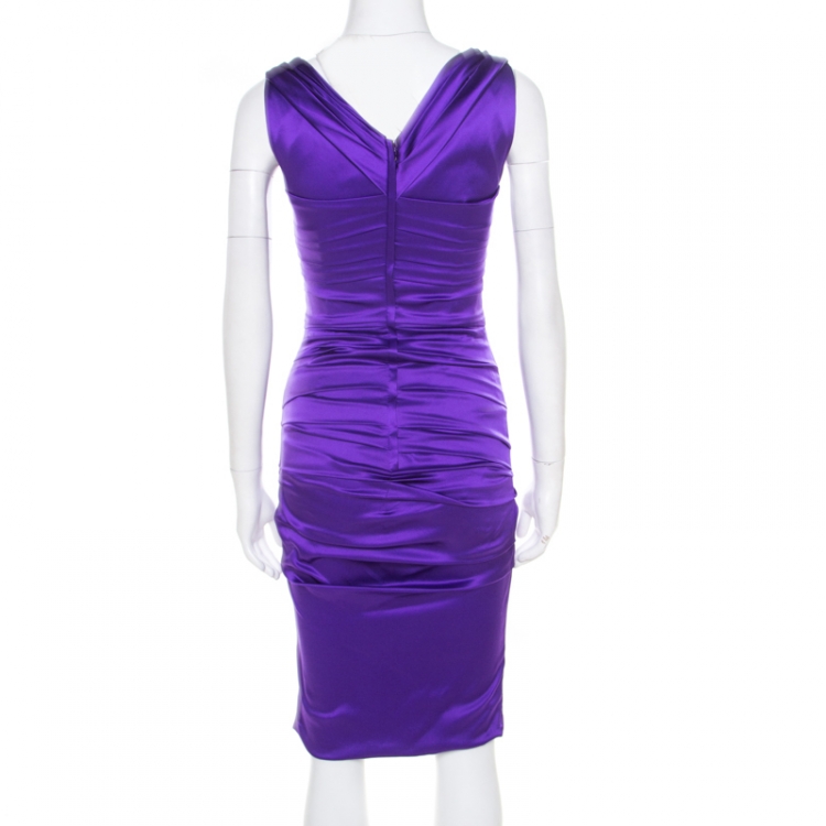 Pre Owned Dolce and Gabbana Purple Stretch Satin Ruched Sleeveless Dress S