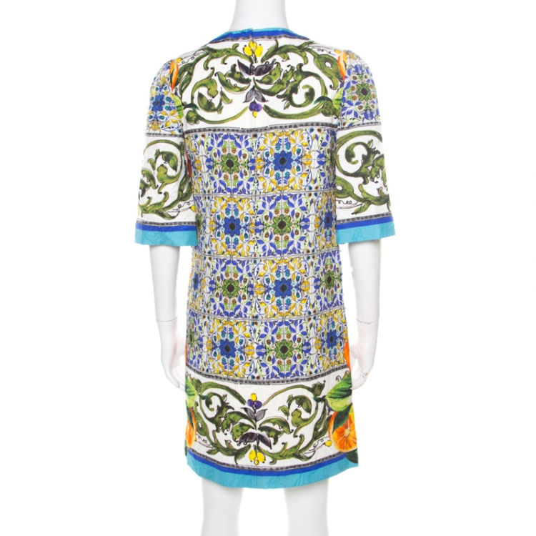 Pre Owned Dolce and Gabbana Majolica Print Embossed Jacquard Sequined Shift Dress S
