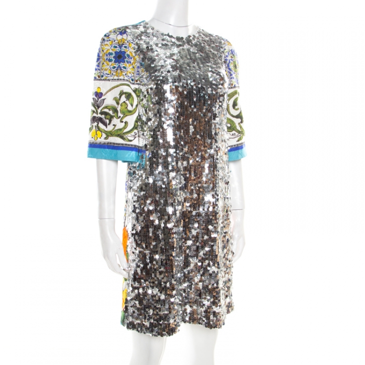 Pre Owned Dolce and Gabbana Majolica Print Embossed Jacquard Sequined Shift Dress S