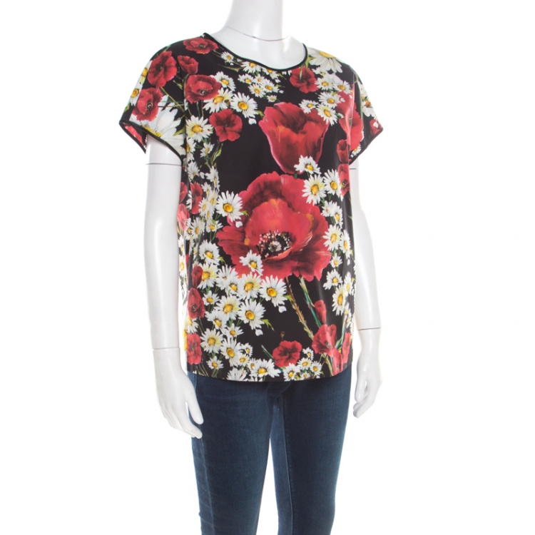 Pre Owned Dolce & Gabbana Black Poppy and Daisy Printed Cotton Poplin Top M