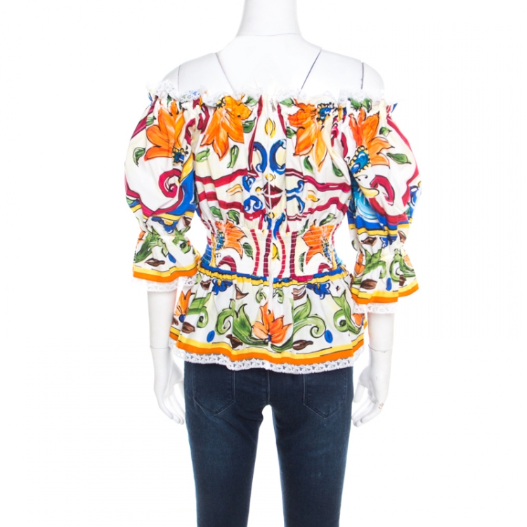 Pre Owned Dolce and Gabbana Multicolor Majolica Printed Cotton Smocked Off Shoulder Blouse M