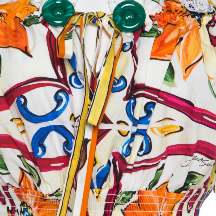 Pre Owned Dolce and Gabbana Multicolor Majolica Printed Cotton Smocked Off Shoulder Blouse M