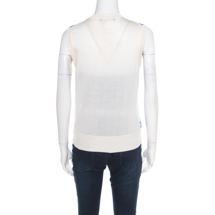 Pre Owned Dolce and Gabbana Blue and White Majolica Print Panel Sleeveless Silk Top M