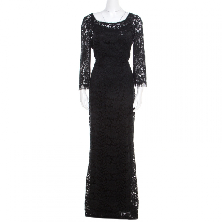 Pre Owned Dolce and Gabbana Black Floral Lace Scalloped Trim Long Sleeve Maxi Dress M