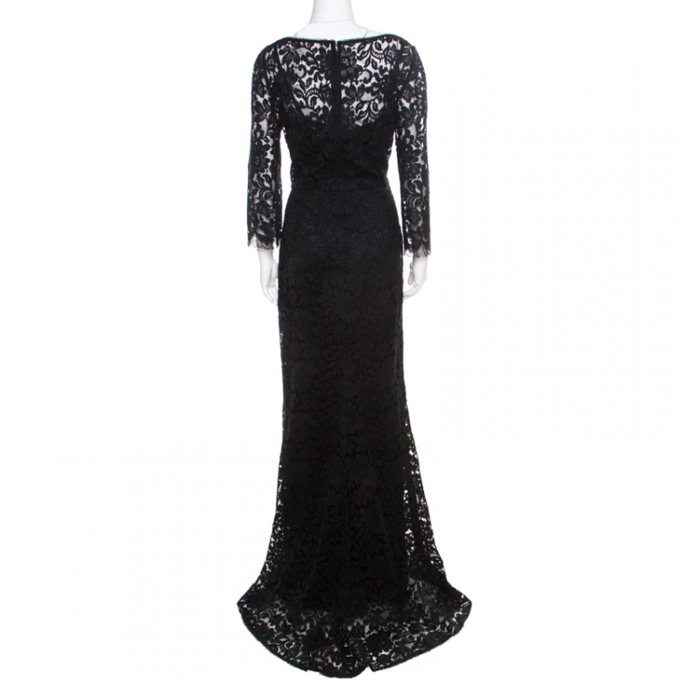 Pre Owned Dolce and Gabbana Black Floral Lace Scalloped Trim Long Sleeve Maxi Dress M